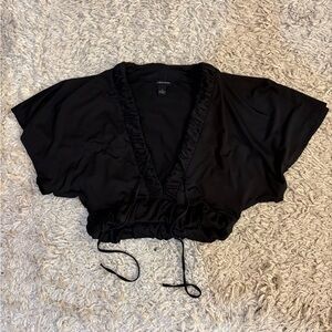 Black Flutter Sleeve Tie Front Crop Blouse